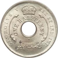 obverse of 1/2 Penny - George V (1912 - 1936) coin with KM# 8 from British West Africa. Inscription: GEORGIVS V REX ET IND: IMP: ONE HALFPENNY نصف پنّي