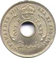 British West Africa coin 1/2 Penny - Edward VIII (1936) obverse obverse of 1/2 Penny - Edward VIII (1936) coin with KM# 15 from British West Africa. Inscription: EDWARDVS VIII REX ET IND:IMP: ONE HALFPENNY نصف پني
