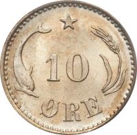 reverse of 10 Øre - Christian IX (1874 - 1905) coin with KM# 795 from Denmark. Inscription: 10 ØRE