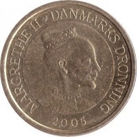 Denmark coin 10 Kroner - Margrethe II - Little Mermaid - 4'th Portrait (2005) obverse obverse of 10 Kroner - Margrethe II - Little Mermaid - 4'th Portrait (2005) coin with KM# 900 from Denmark. Inscription: MARGRETHE II ♥ DANMARKS DRONNING 2005