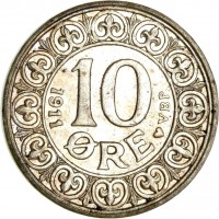 reverse of 10 Øre - Frederik VIII (1907 - 1912) coin with KM# 807 from Denmark. Inscription: 10 ØRE 1911 VBP