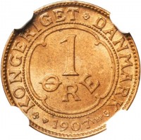 reverse of 1 Øre - Frederik VIII (1907 - 1912) coin with KM# 804 from Denmark. Inscription: KONGERIGET DANMARK 1 ØRE 1907