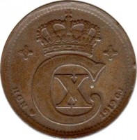 Denmark coin 5 Øre - Christian X (1913 - 1923) obverse obverse of 5 Øre - Christian X (1913 - 1923) coin with KM# 814 from Denmark. Inscription: 1919