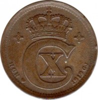 obverse of 5 Øre - Christian X (1913 - 1923) coin with KM# 814 from Denmark. Inscription: 1919