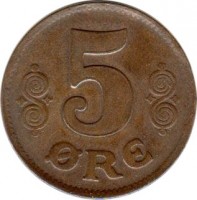 reverse of 5 Øre - Christian X (1913 - 1923) coin with KM# 814 from Denmark. Inscription: 5 ORE