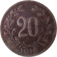 Austria coin 20 Heller - Karl I (1916 - 1918) reverse reverse of 20 Heller - Karl I (1916 - 1918) coin with KM# 2826 from Austria. Inscription: 20 1916