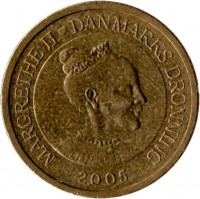Denmark coin 10 Kroner - Margrethe II - Ugly Duckling - 4'th Portrait (2005) obverse obverse of 10 Kroner - Margrethe II - Ugly Duckling - 4'th Portrait (2005) coin with KM# 898 from Denmark. Inscription: MARGRETHE II ♥ DANMARKS DRONNING 2005