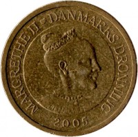 obverse of 10 Kroner - Margrethe II - Ugly Duckling - 4'th Portrait (2005) coin with KM# 898 from Denmark. Inscription: MARGRETHE II ♥ DANMARKS DRONNING 2005