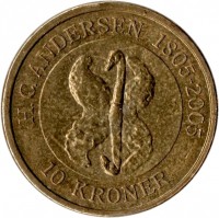 Denmark coin 10 Kroner - Margrethe II - Ugly Duckling - 4'th Portrait (2005) reverse reverse of 10 Kroner - Margrethe II - Ugly Duckling - 4'th Portrait (2005) coin with KM# 898 from Denmark. Inscription: H.C. ANDERSEN 1805-2005 10 KRONER
