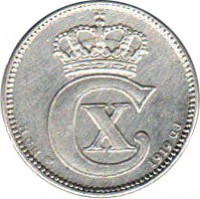 obverse of 25 Øre - Christian X (1913 - 1919) coin with KM# 815 from Denmark. Inscription: HCN - CX - 1919 - GJ