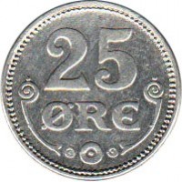 reverse of 25 Øre - Christian X (1913 - 1919) coin with KM# 815 from Denmark. Inscription: 25 Ore