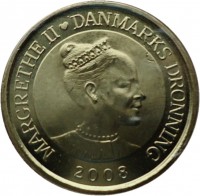 obverse of 20 Kroner - Margrethe II - Dannebrog - 4'th Portrait (2008) coin with KM# 928 from Denmark. Inscription: MARGRETHE II ♥ DANMARKS DRONNING 2008