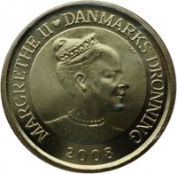 Denmark coin 20 Kroner - Margrethe II - Dannebrog - 4'th Portrait (2008) obverse obverse of 20 Kroner - Margrethe II - Dannebrog - 4'th Portrait (2008) coin with KM# 928 from Denmark. Inscription: MARGRETHE II ♥ DANMARKS DRONNING 2008
