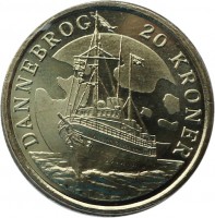 reverse of 20 Kroner - Margrethe II - Dannebrog - 4'th Portrait (2008) coin with KM# 928 from Denmark. Inscription: DANNEBROG 20 KRONER