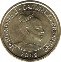 Denmark coin 20 Kroner - Margrethe II - Selandia - 4'th Portrait (2008) obverse obverse of 20 Kroner - Margrethe II - Selandia - 4'th Portrait (2008) coin with KM# 926 from Denmark. Inscription: MARGRETHE II ♥ DANMARKS DRONNING 2008