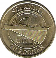 reverse of 20 Kroner - Margrethe II - Selandia - 4'th Portrait (2008) coin with KM# 926 from Denmark. Inscription: SELANDIA 20 KRONER