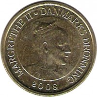 obverse of 10 Kroner - Margrethe II - Sirius - 4'th Portrait (2008) coin with KM# 925 from Denmark. Inscription: MARGRETHE II DANMARKS DRONNING 2008