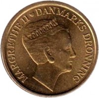 Denmark coin 20 Kroner - Margrethe II - Birthday - 5'th Portrait (2010) obverse obverse of 20 Kroner - Margrethe II - Birthday - 5'th Portrait (2010) coin with KM# 937 from Denmark. Inscription: MARGRETHE II ♥ DANMARKS DRONNING