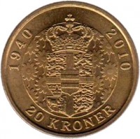 Denmark coin 20 Kroner - Margrethe II - Birthday - 5'th Portrait (2010) reverse reverse of 20 Kroner - Margrethe II - Birthday - 5'th Portrait (2010) coin with KM# 937 from Denmark. Inscription: 1940 2010 20 KRONER