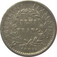 reverse of 1/2 Franc - Napoleon I (1807 - 1808) coin with KM# 680 from France. Inscription: REPUBLIQUE FRANCAISE. DEMI FRANC. 1808. A