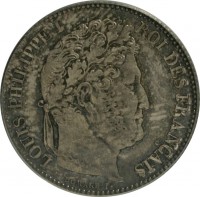 obverse of 1 Franc - Louis-Philippe (1832 - 1848) coin with KM# 748 from France. Inscription: LOUIS PHILIPPE I ROI DES FRANÇAIS