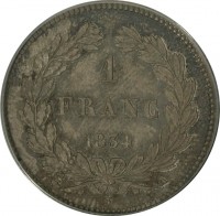 France coin 1 Franc - Louis-Philippe (1832 - 1848) reverse reverse of 1 Franc - Louis-Philippe (1832 - 1848) coin with KM# 748 from France. Inscription: 1 FRANC 1834