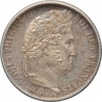 obverse of 1/4 Franc - Louis-Philippe (1831 - 1845) coin with KM# 740 from France. Inscription: LOUIS PHILIPPE I ROI DES FRANÇAIS
