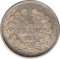 reverse of 1/4 Franc - Louis-Philippe (1831 - 1845) coin with KM# 740 from France. Inscription: 1/4 FRANC 1832