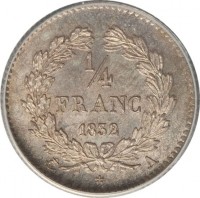 France coin 1/4 Franc - Louis-Philippe (1831 - 1845) reverse reverse of 1/4 Franc - Louis-Philippe (1831 - 1845) coin with KM# 740 from France. Inscription: 1/4 FRANC 1832