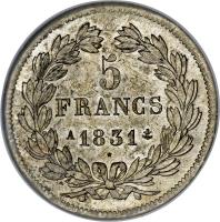 reverse of 5 Francs - Louis-Philippe - Relief (1831) coin with KM# 745 from France. Inscription: 5 FRANCS 1831 W