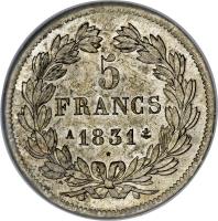France coin 5 Francs - Louis-Philippe - Relief (1831) reverse reverse of 5 Francs - Louis-Philippe - Relief (1831) coin with KM# 745 from France. Inscription: 5 FRANCS 1831 W