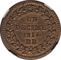 reverse of 1 Decime - Louis XVIII (1814 - 1815) coin with KM# 701 from France. Inscription: UN DÉCIME. 1814. BB