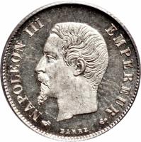 obverse of 20 Centimes - Napoleon III (1853 - 1863) coin with KM# 778 from France. Inscription: NAPOLEON III EMPEREUR BARRE