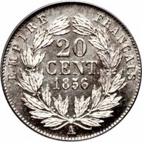 France coin 20 Centimes - Napoleon III (1853 - 1863) reverse reverse of 20 Centimes - Napoleon III (1853 - 1863) coin with KM# 778 from France. Inscription: EMPIRE FRANÇAIS 20 CENT. 1856 A