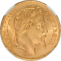 obverse of 20 Francs - Napoleon III (1861 - 1870) coin with KM# 801 from France. Inscription: NAPOLEON III EMPEREUR