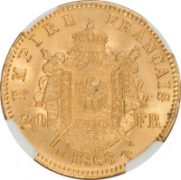 reverse of 20 Francs - Napoleon III (1861 - 1870) coin with KM# 801 from France. Inscription: EMPIRE FRANÇAIS 20 FR 1868