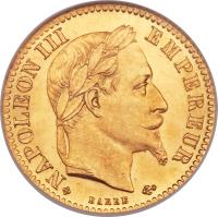 obverse of 10 Francs - Napoleon III (1861 - 1868) coin with KM# 800 from France. Inscription: NAPOLEON III EMPEREUR BARRE