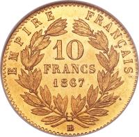 reverse of 10 Francs - Napoleon III (1861 - 1868) coin with KM# 800 from France. Inscription: EMPIRE FRANÇAIS 10 FRANCS 1867 BB