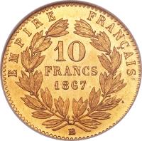 France coin 10 Francs - Napoleon III (1861 - 1868) reverse reverse of 10 Francs - Napoleon III (1861 - 1868) coin with KM# 800 from France. Inscription: EMPIRE FRANÇAIS 10 FRANCS 1867 BB