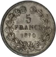 reverse of 5 Francs (1870 - 1871) coin with KM# 818 from France. Inscription: 5 FRANCS 1870