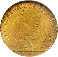 reverse of 10 Francs (1899 - 1914) coin with KM# 846 from France. Inscription: LIBERTE · EGALITE · FRATERNITE 10 Fcs 1900