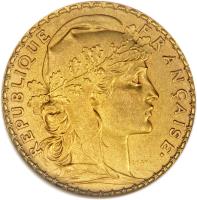 France coin 20 Francs (1898 - 1906) obverse obverse of 20 Francs (1898 - 1906) coin with KM# 847 from France. Inscription: REPUBLIQUE FRANÇAISE ·