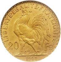 reverse of 20 Francs (1898 - 1906) coin with KM# 847 from France. Inscription: LIBERTE · EGALITE · FRATERNITE · 20 Fcs 1900