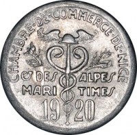 France coin 5 Centimes - Nice (1920 - 1922) obverse obverse of 5 Centimes - Nice (1920 - 1922) coin from France. Inscription: CHAMBRE DE COMMERCE DE NICE DES ALPES MARI TIMES 19 20