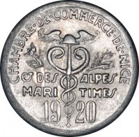 obverse of 5 Centimes - Nice (1920 - 1922) coin from France. Inscription: CHAMBRE DE COMMERCE DE NICE DES ALPES MARI TIMES 19 20