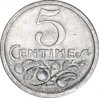 France coin 5 Centimes - Nice (1920 - 1922) reverse reverse of 5 Centimes - Nice (1920 - 1922) coin from France. Inscription: 5 CENTIMES.