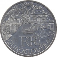 obverse of 10 Euro - Guadeloupe (2011) coin with KM# 1737 from France. Inscription: RF GUADELOUPE