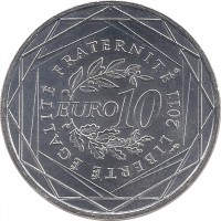 reverse of 10 Euro - Guadeloupe (2011) coin with KM# 1737 from France. Inscription: LIBERTÉ ÉGALITÉ FRATERNITÉ EURO 10 2011