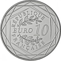 reverse of 10 Euro - Rooster (2014) coin with KM# 2110 from France. Inscription: RÉPUBLIQUE FRANÇAISE EURO 10