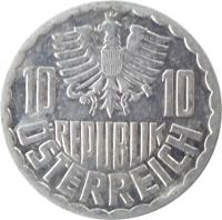 Austria coin 10 Groschen (1951 - 2001) obverse obverse of 10 Groschen (1951 - 2001) coin with KM# 2878 from Austria. Inscription: 10 10 REPUBLIK ÖSTERREICH